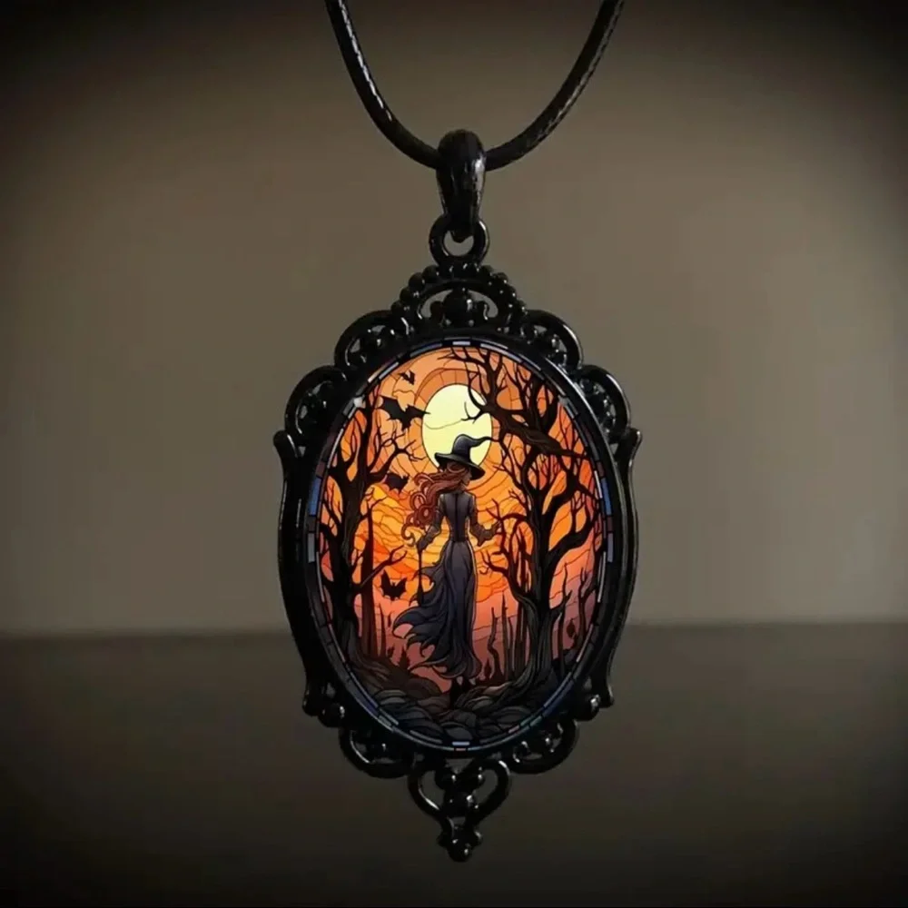Retro Style Bat Witch Pendant Cameo Black Pendant  Necklace Gothic Glass Pendant